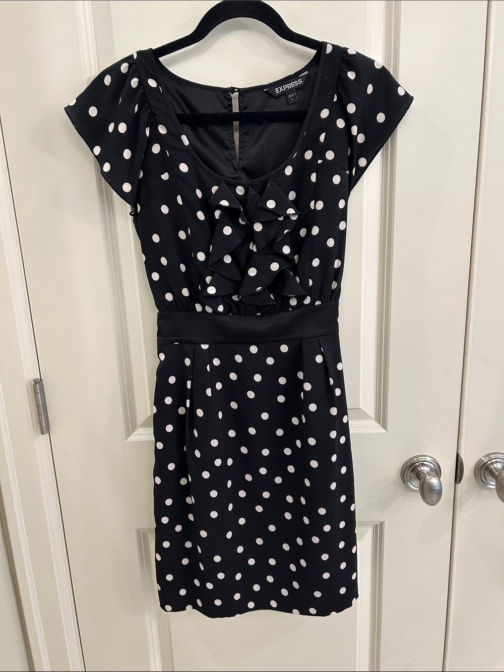 Express Black and White Polka Dot Ruffle Dress